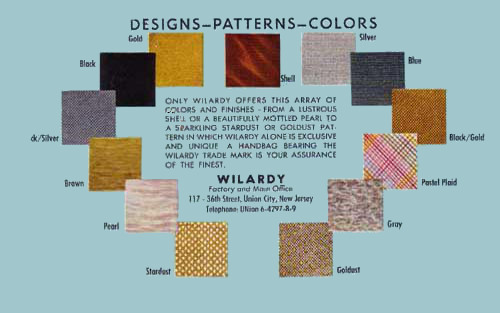 Back page of Wilardy Handbag Catalog showing designs, patterns and colors